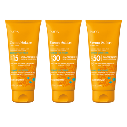 Crema solare Media/Alta protezione CORPO – VISO 15/30/50 SPF 200ml - PUPA - La Cosmesi