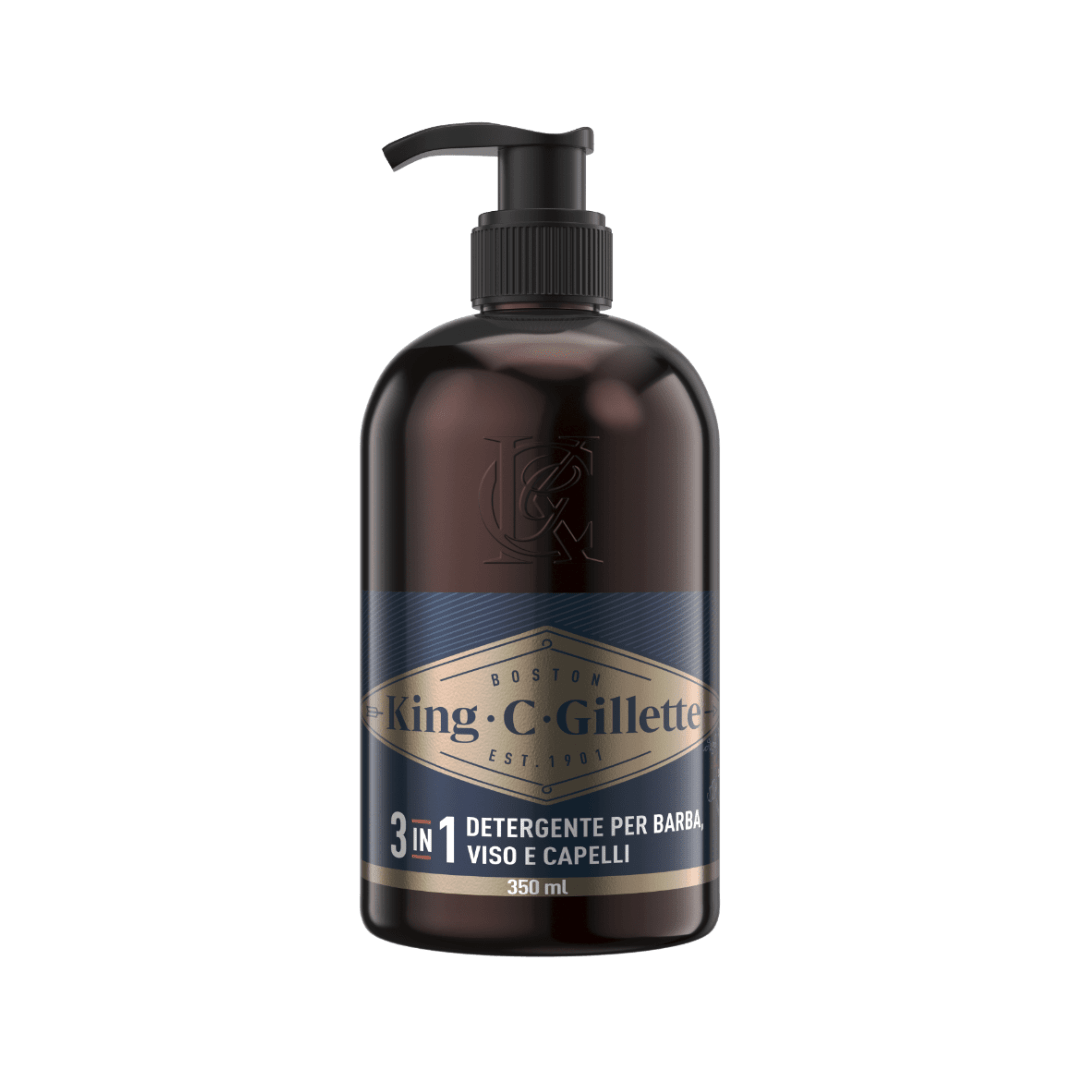 Flacone da 350ml di gel detergente per barba e viso, con un design robusto e maschile nei toni del blu scuro e rame. Il logo King C. Gillette è ben visibile sulla parte frontale. Questo gel è arricchito con olio di Argan, olio di cocco e mentolo, per detergere e rinfrescare la pelle e la barba, lasciando una sensazione di freschezza e pulizia senza seccare.